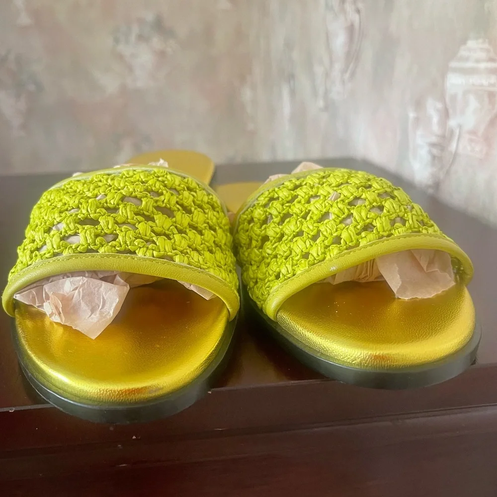 JIMMY CHOO MINEA ELECTRIC LIME RAFFIA SLIDES AND BOX NWT - Picture 7 of 15